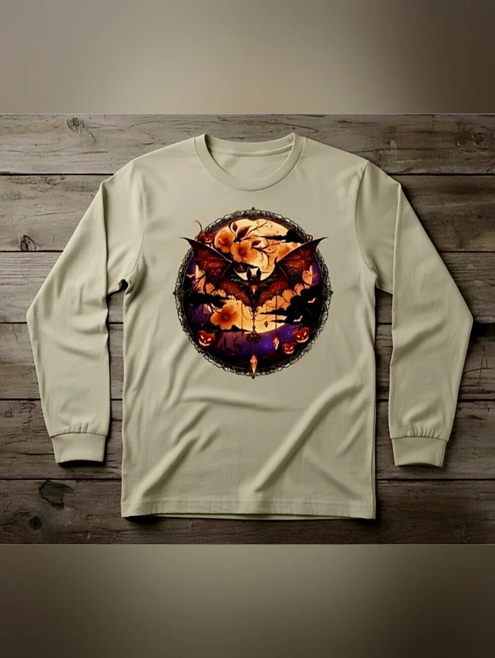 Gothic Bat Moon Floral Halloween Long Sleeve Tee | Witchy Fall Shirt
